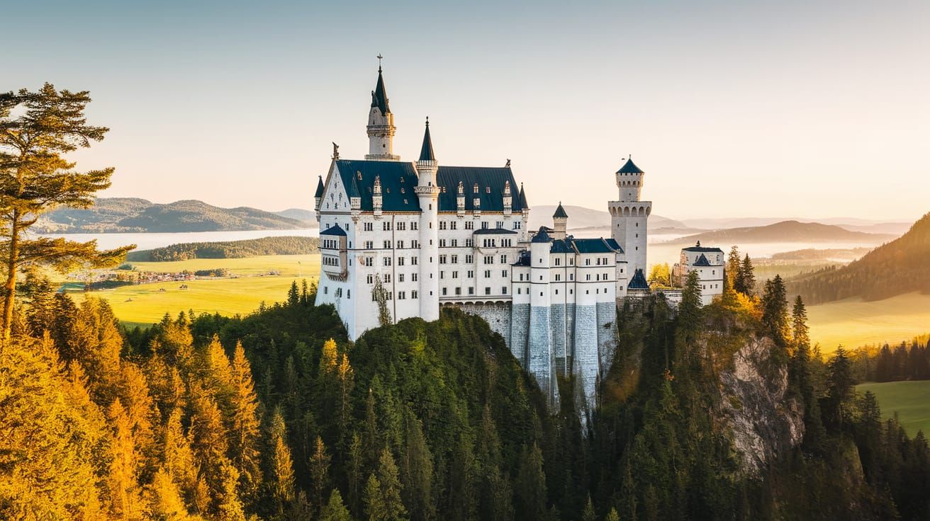 Majestic Neuschwanstein Castle Amidst Lush Bavarian Countrys...