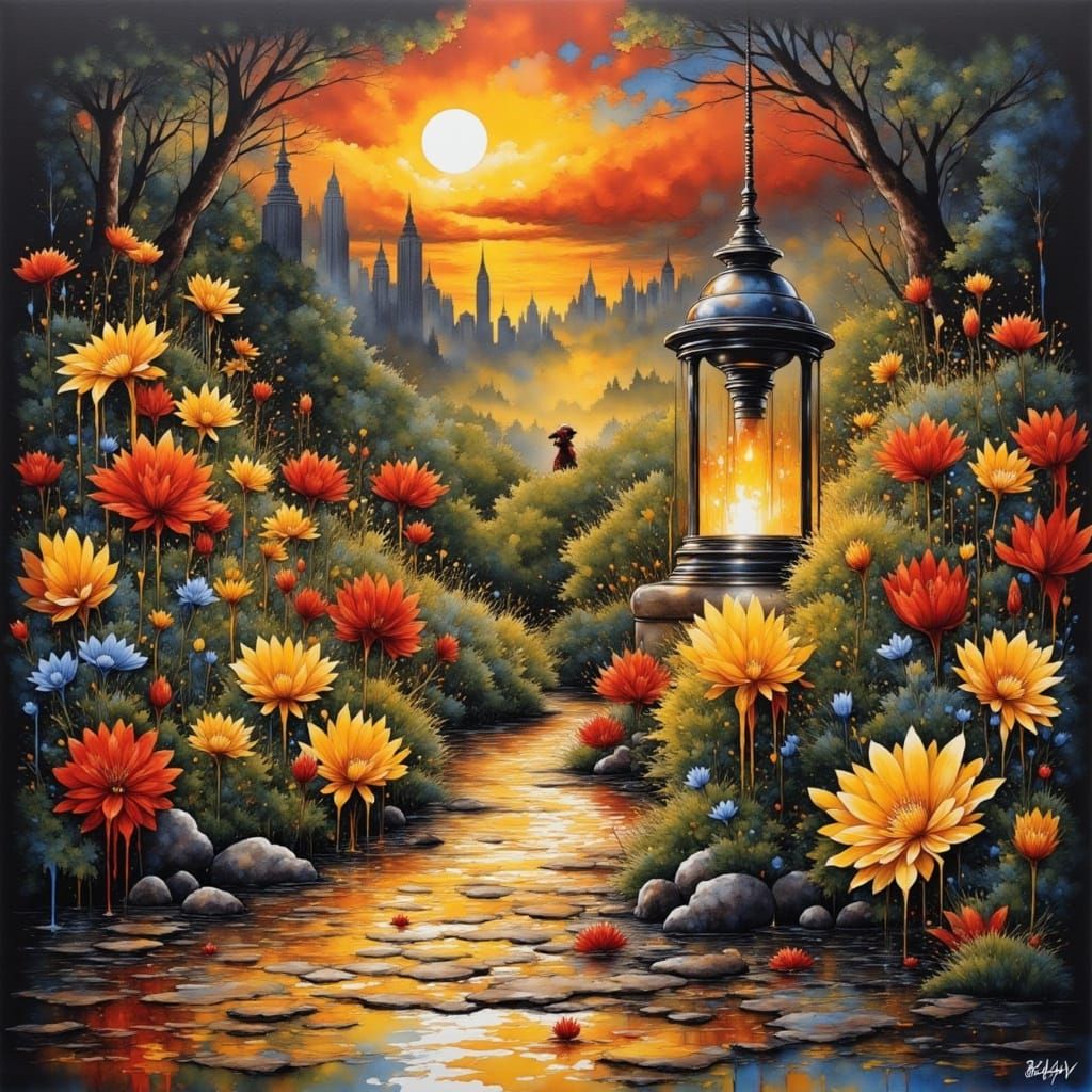 Old Lantern's Warm Glow on Wildflower Path