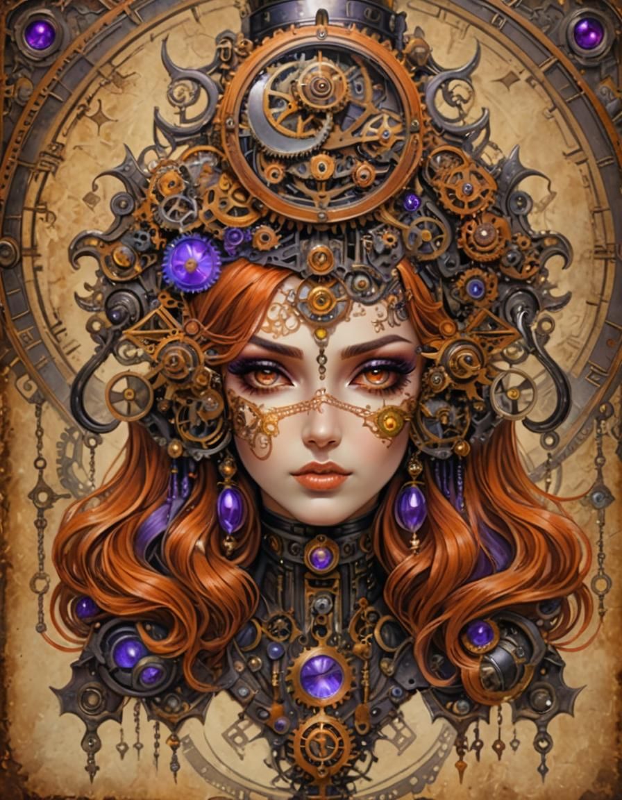 Steampunk Woman with Clockwork Headpiece and Tattoos