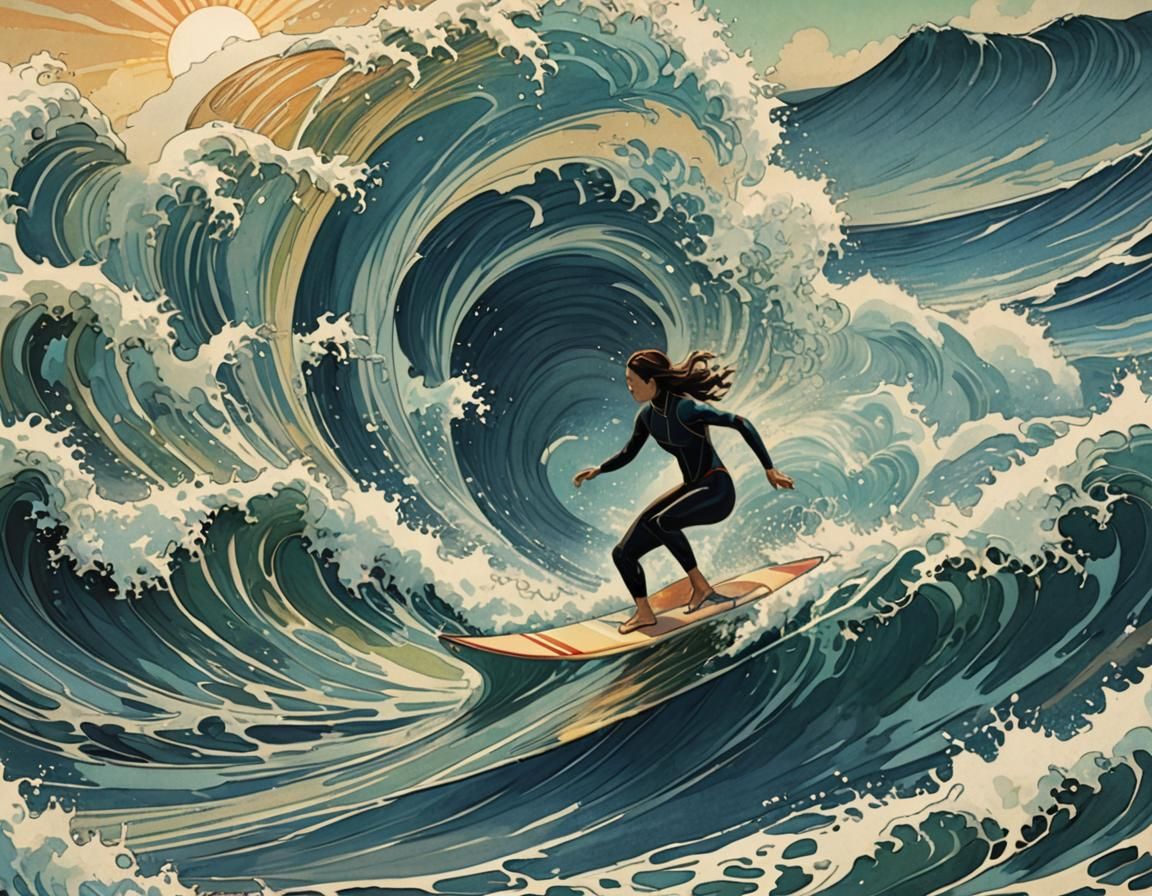 Woman Surfing in Iridescent Hokusai-Inspired Seascape
