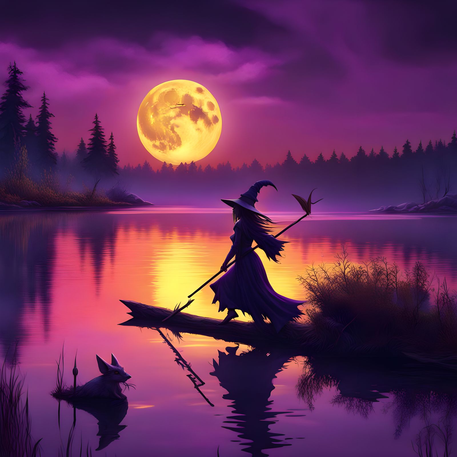 Witch on Broomstick Over Lake in Dark Fantasy Art