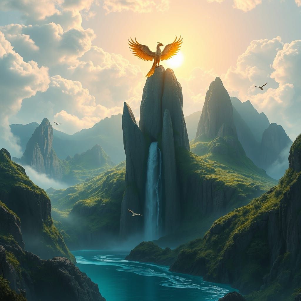 Majestic Surreal Landscape with Colossal Stone Fingers and P...