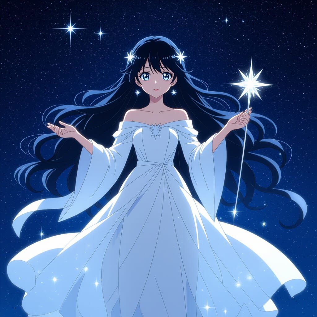 Anime Girl Descending from Starry Sky