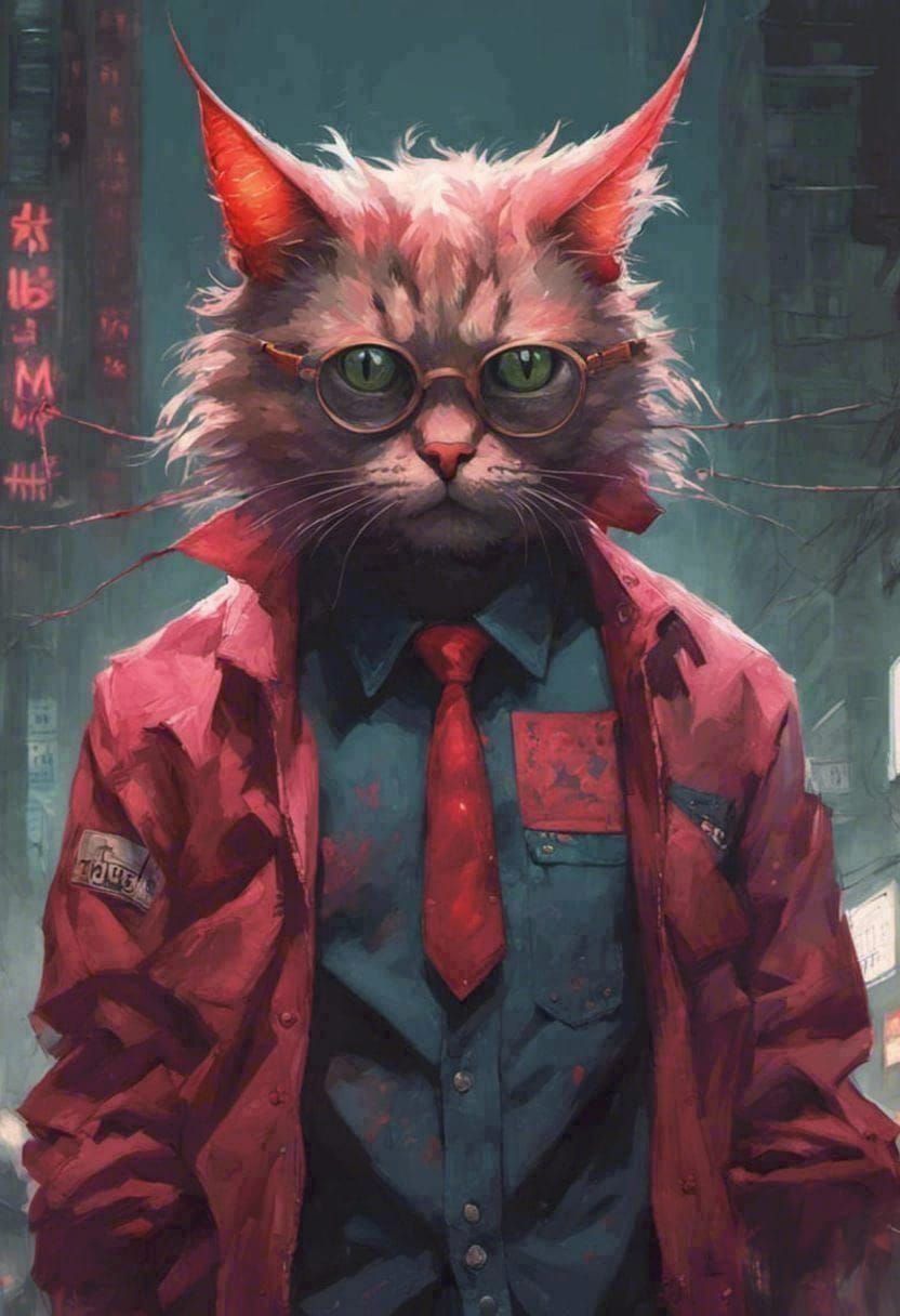 Cyberpunk Cat Portrait with Devil Shirt