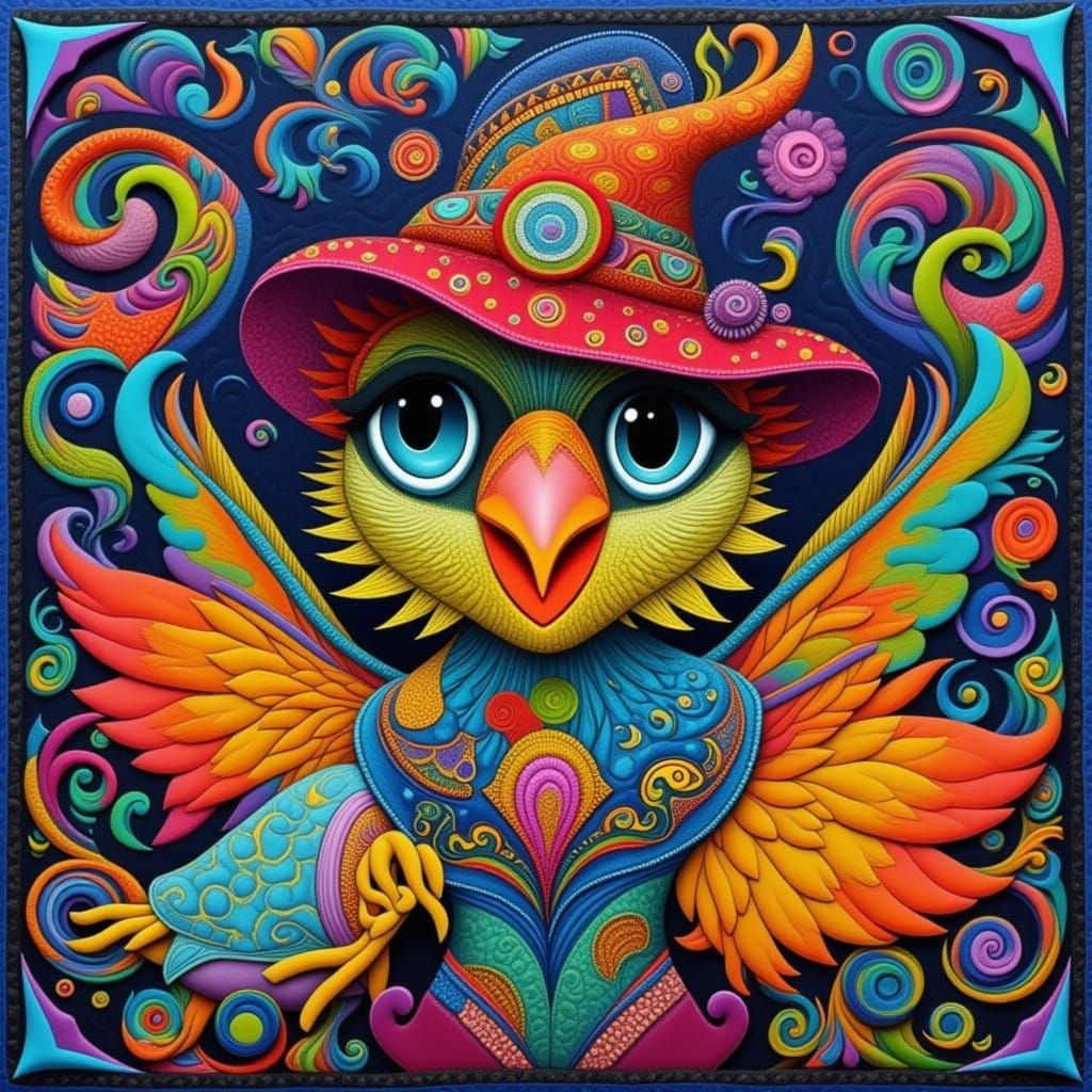 Quilted Cartoon Bird in Fancy Hat, Folk Art Style
