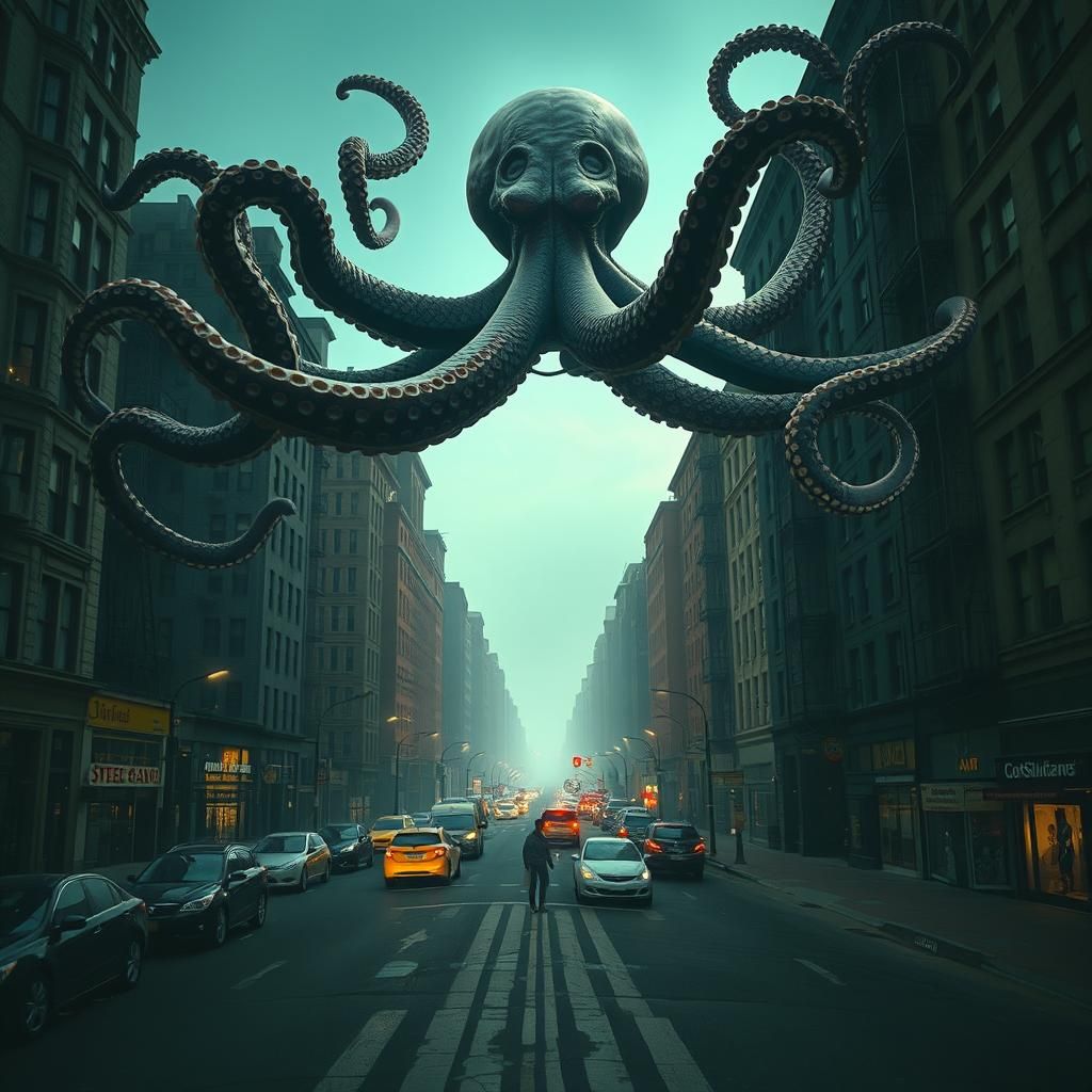 Surreal Octopus Soaring Over Abandoned Cityscape