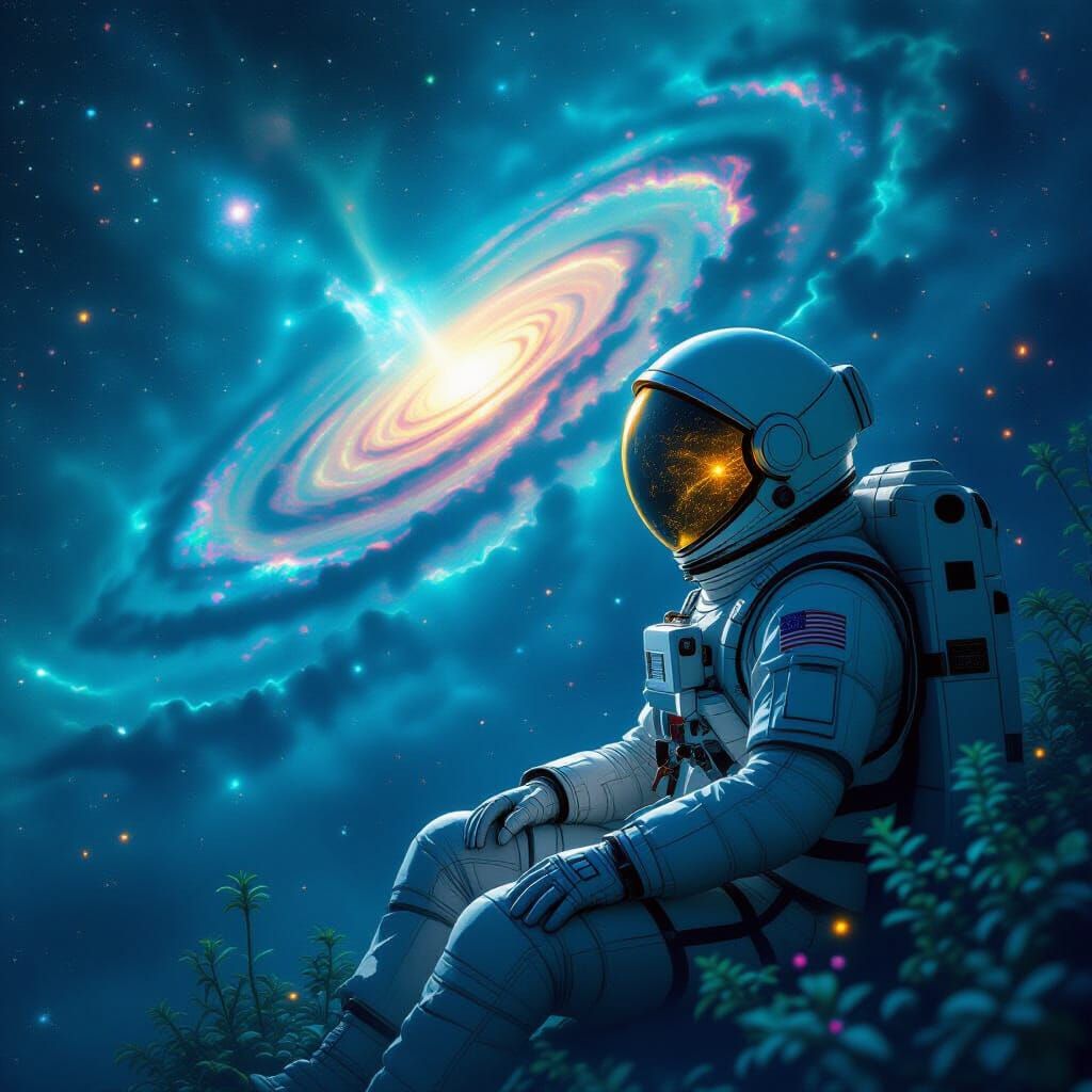 Astronaut Adrift in Emerald Sapphire Nebula, Cosmic Horror C...