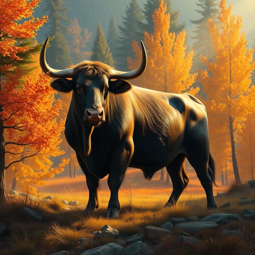 Majestic Bull in Autumn Forest, Naturalistic Style