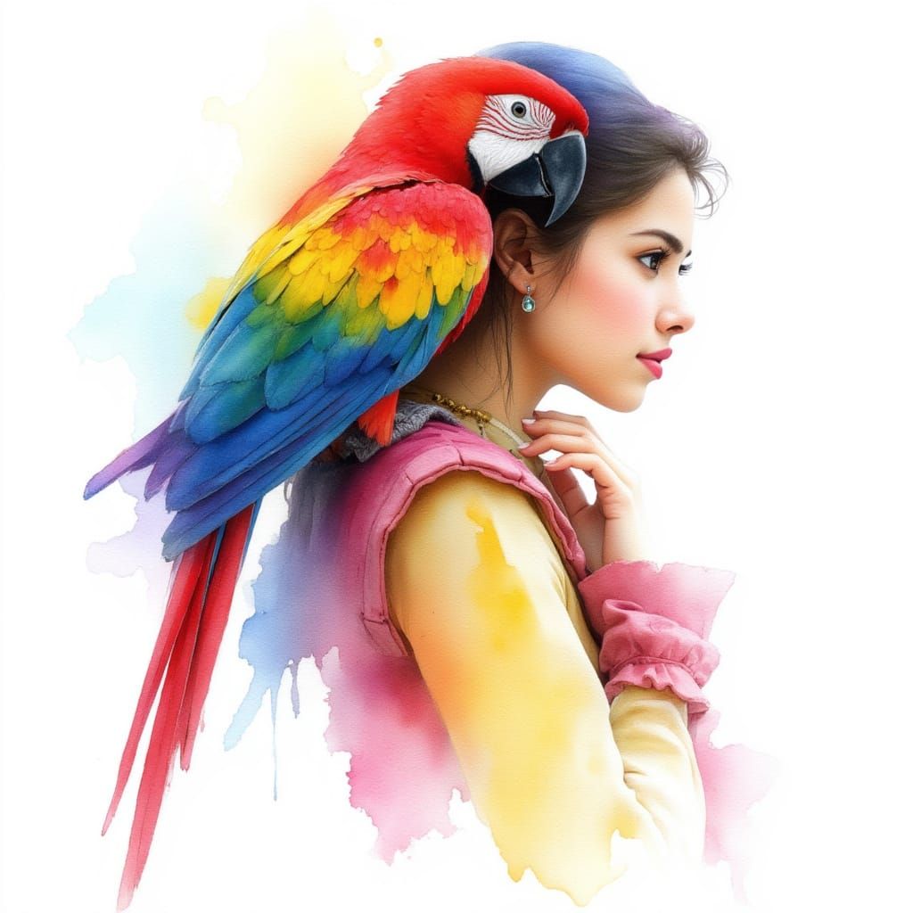Vibrant Watercolor Parrot on Pirate Captain's Shoulder