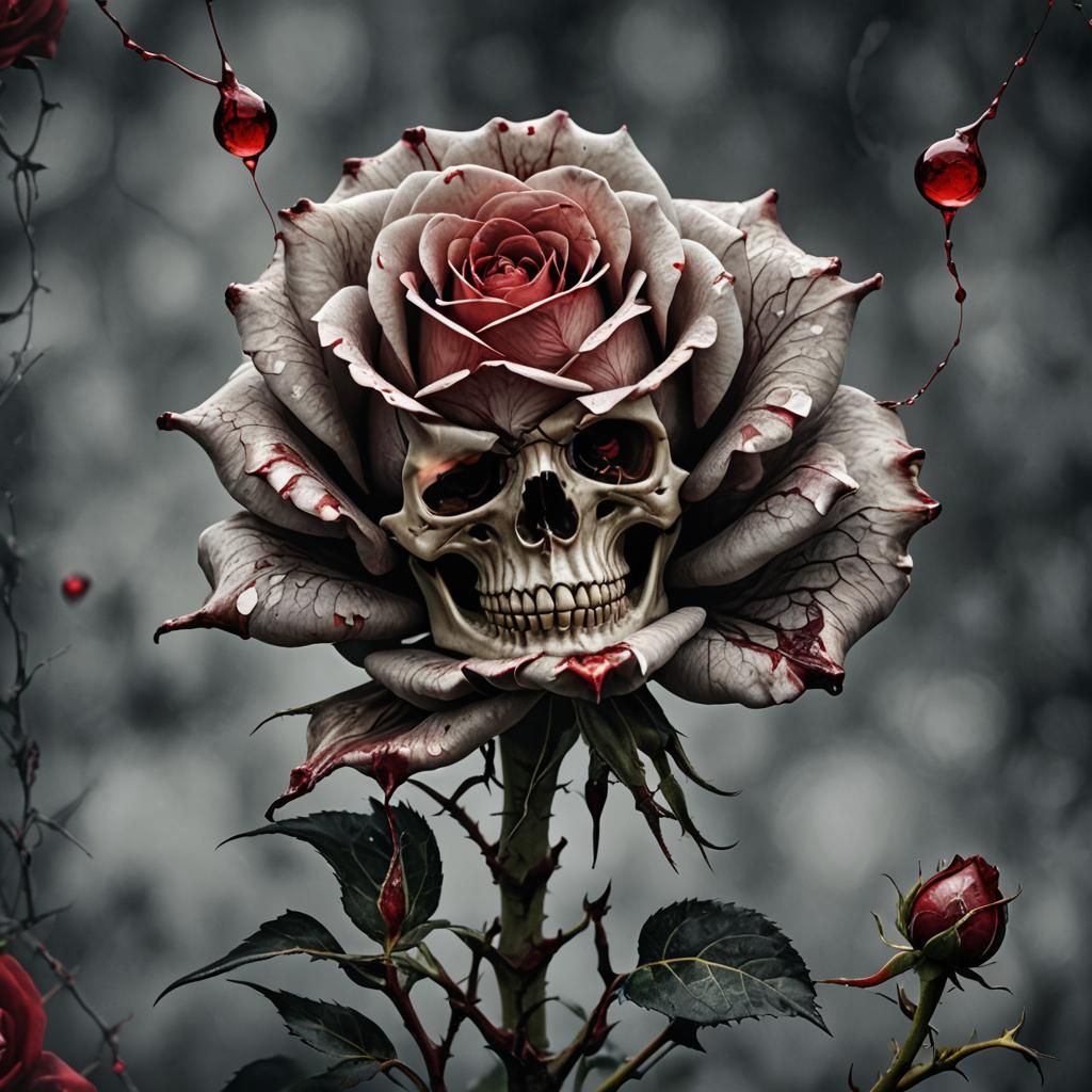 Hyperrealistic Skeleton Rose with Blood Drop