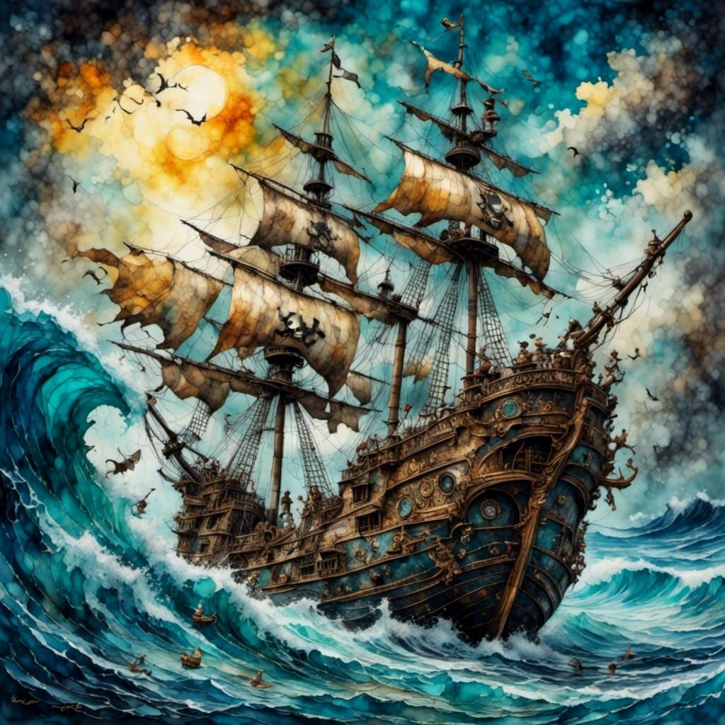 Pirate Ship Amidst Rough Seas: Ink Sketch Style