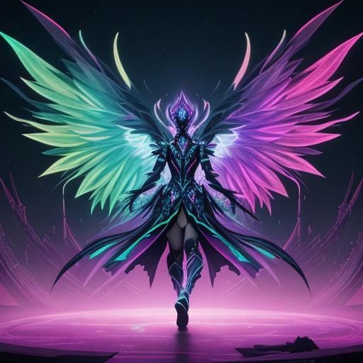 Towering Neon Overlord with Luminescent Wings