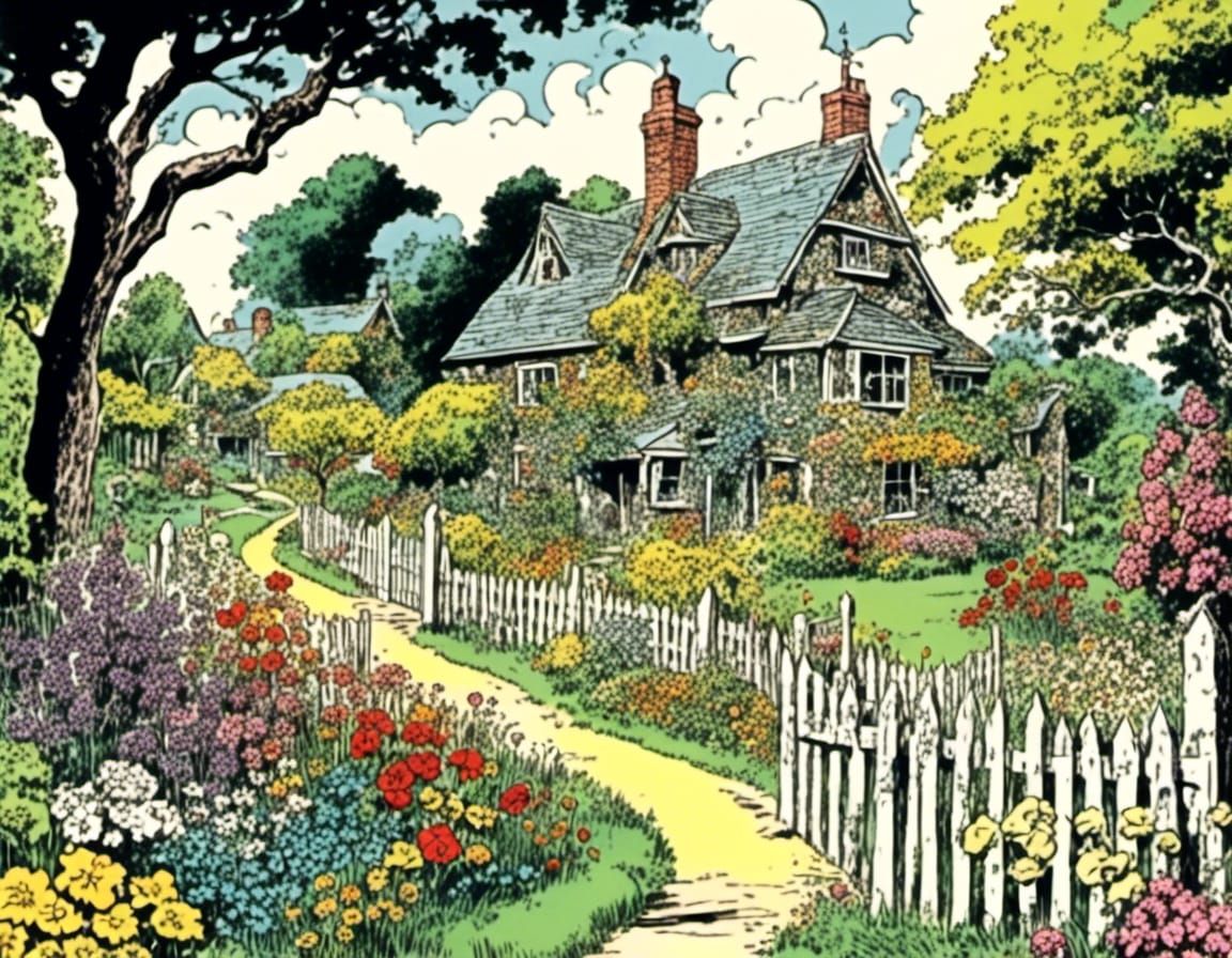 <lora:Glowing runes dark:1.0> <lora:Witch Manual:1.0> A variety of a wild flowered filled English Garden with a picket f...