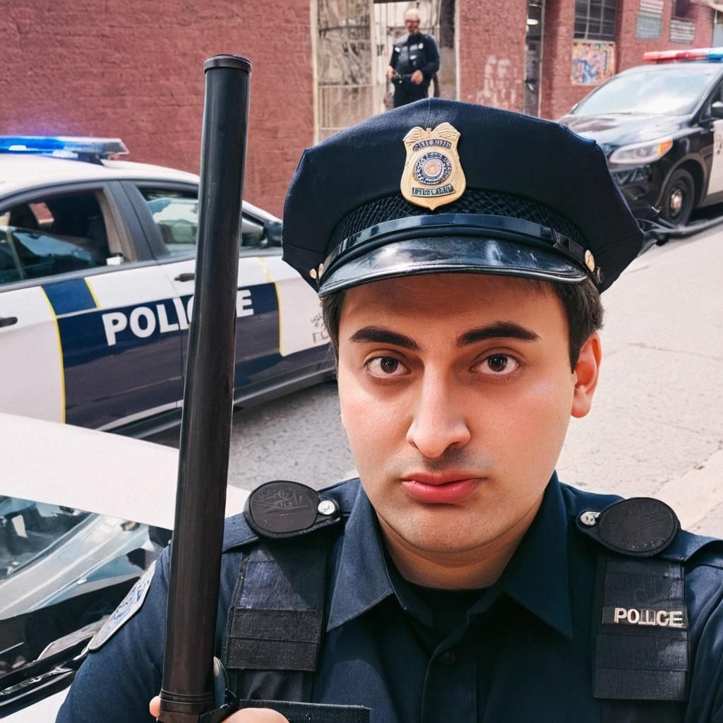 Boy Policeman with Gun and Police Car