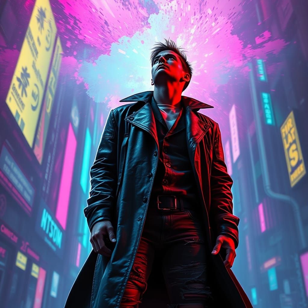 Cyberpunk Figure Gazing Upwards in Fluorescent Dystopia