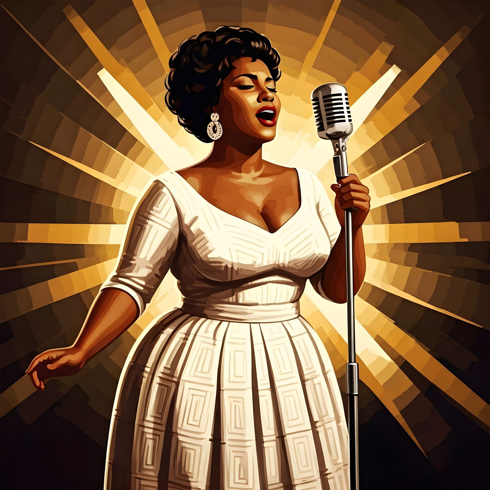 Cubist Jazz Singer in Fitted White Dress