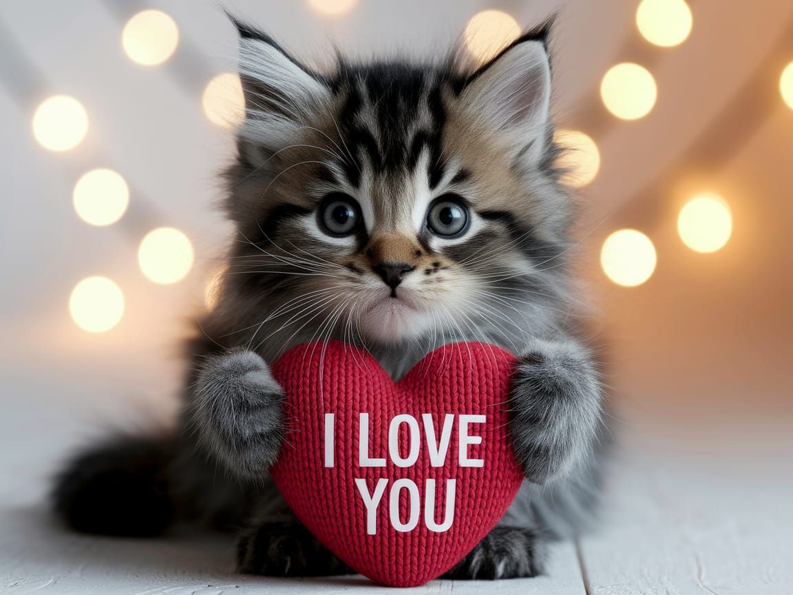 Cuddly Kitten Holds Heart in Cozy Glowing Scene