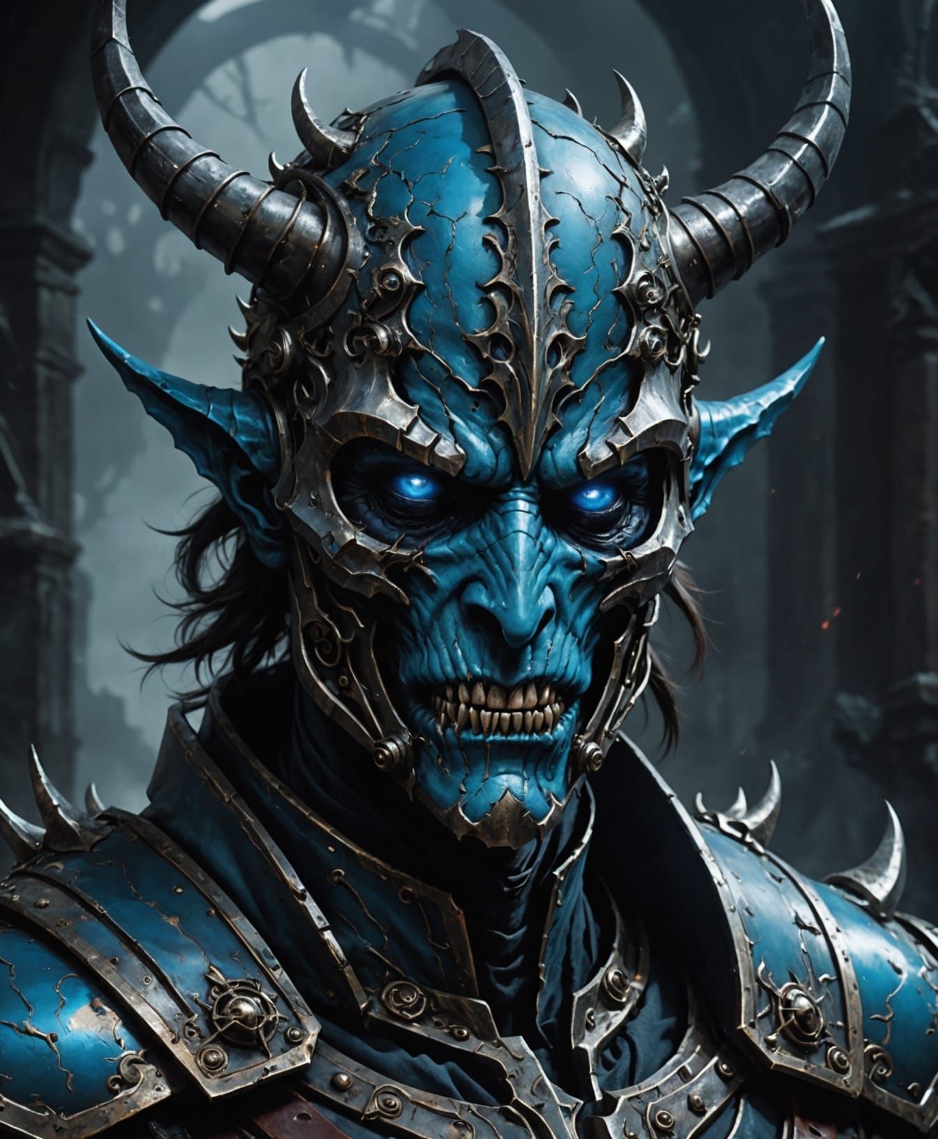 Dark Fantasy Warrior with Electric Blue Eyes and Iron Mask