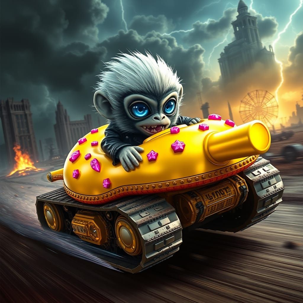 Monkey Alien Races Donut Tank in Apocalyptic Wasteland