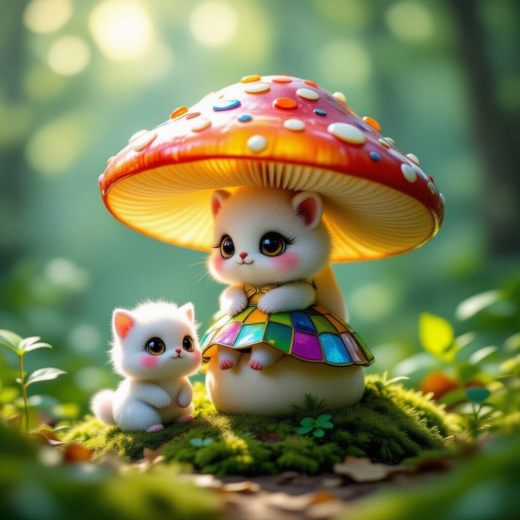 Whimsical Fluffy Creature on Glass Mushroom