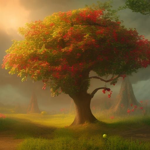 Colorful Apple Tree: Detailed Fantasy Concept Art
