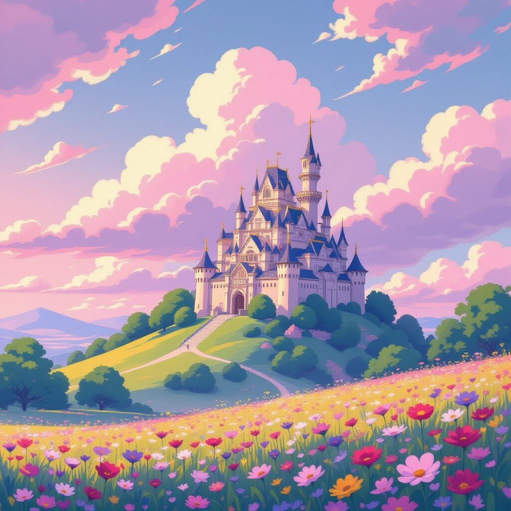 Pastel Dreamscape Castle in Ghibli Style