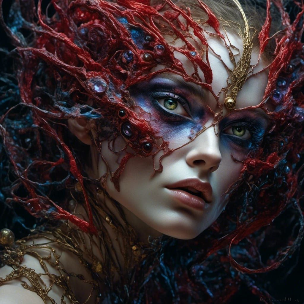 Powerful, woman, intense coloured eyes.