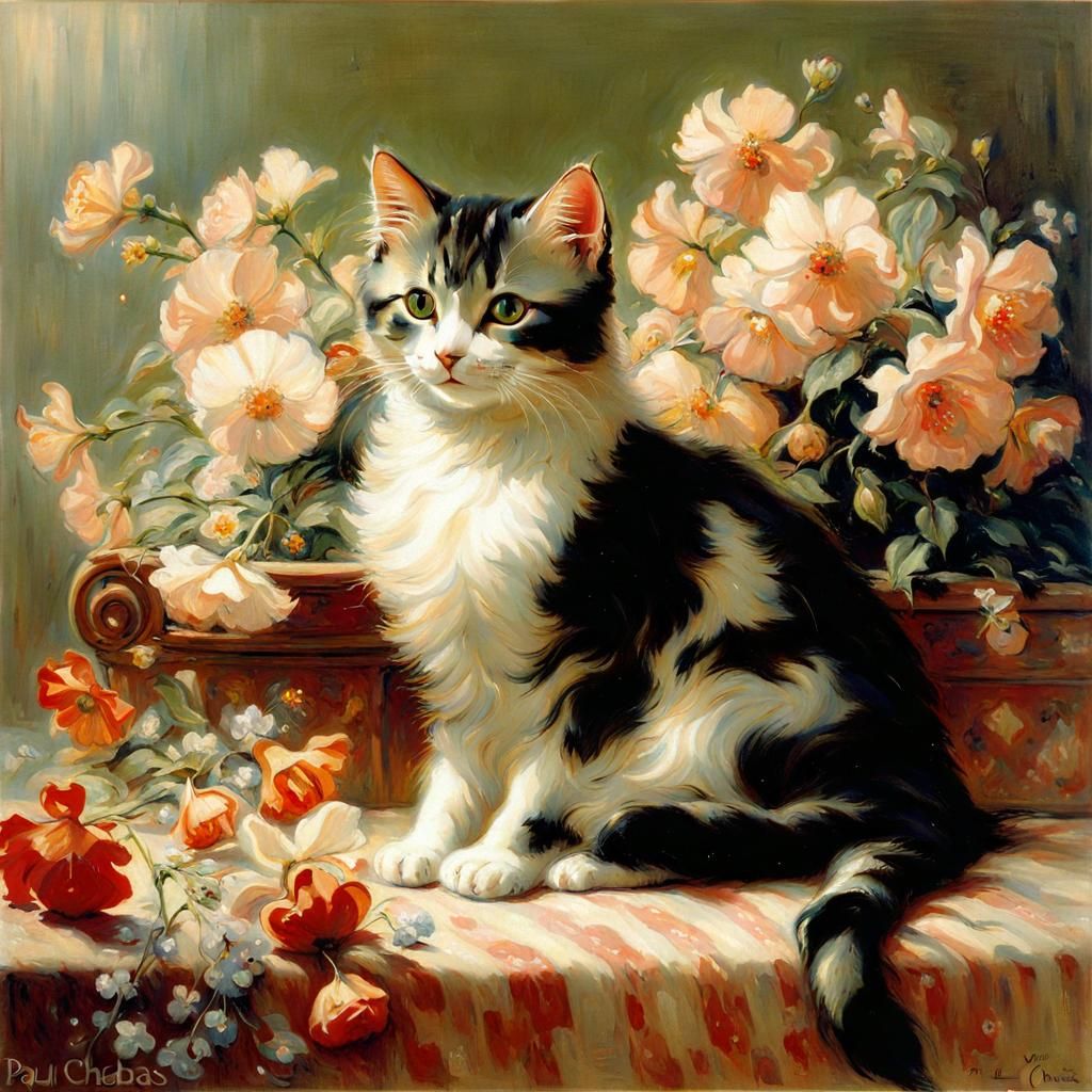 Cute Cat Surrounded by Flowers in Academicism Style
