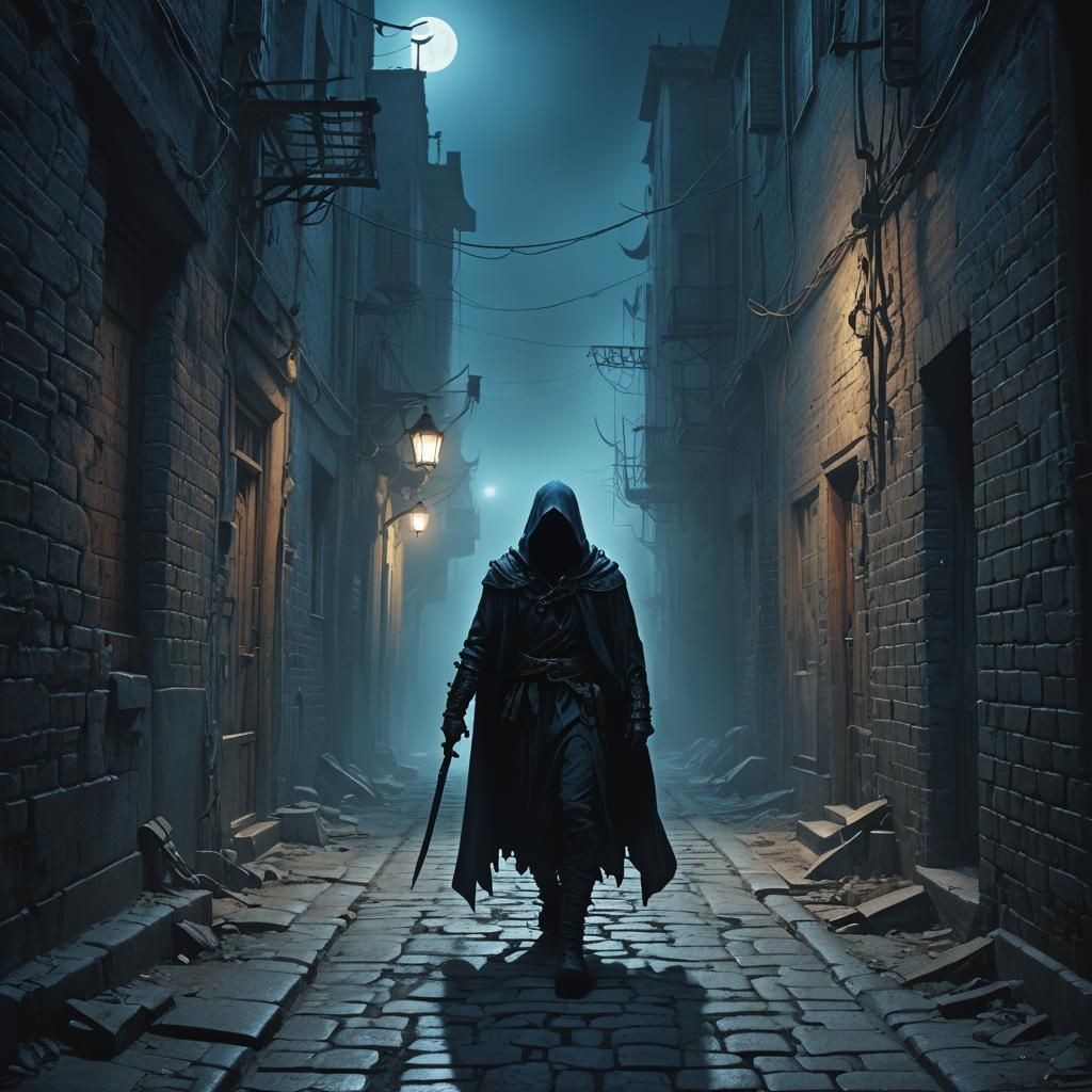 Shadow Demon Assassin in Dark Gothic Alley