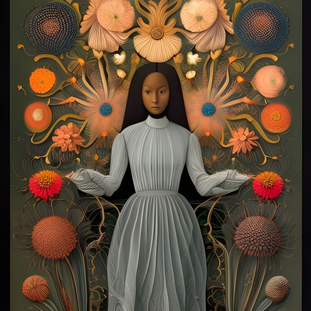 Girl Holding Flowers: Intricate Botanical Art