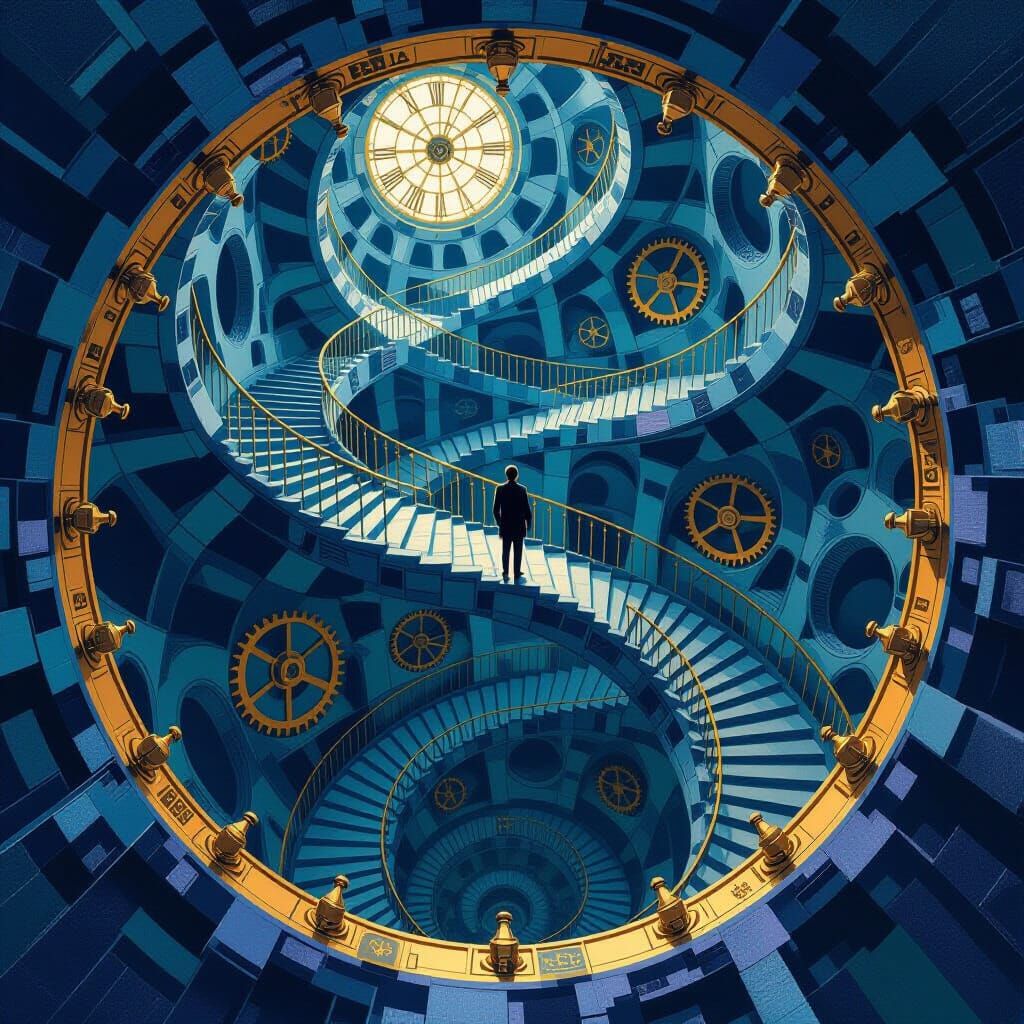 Escher-esque Clock Tower: Surreal Vertigo Scene