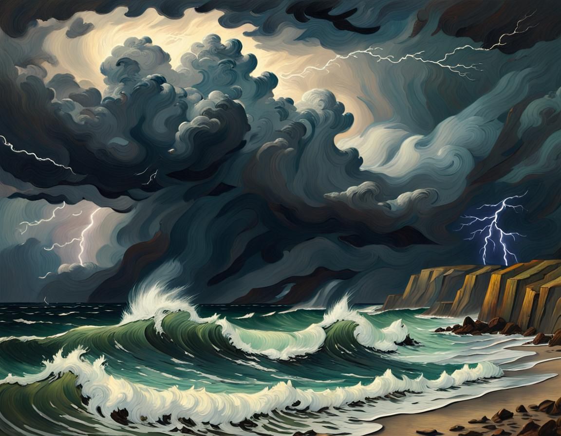 Coastal Storm Impressionist Gouache Painting