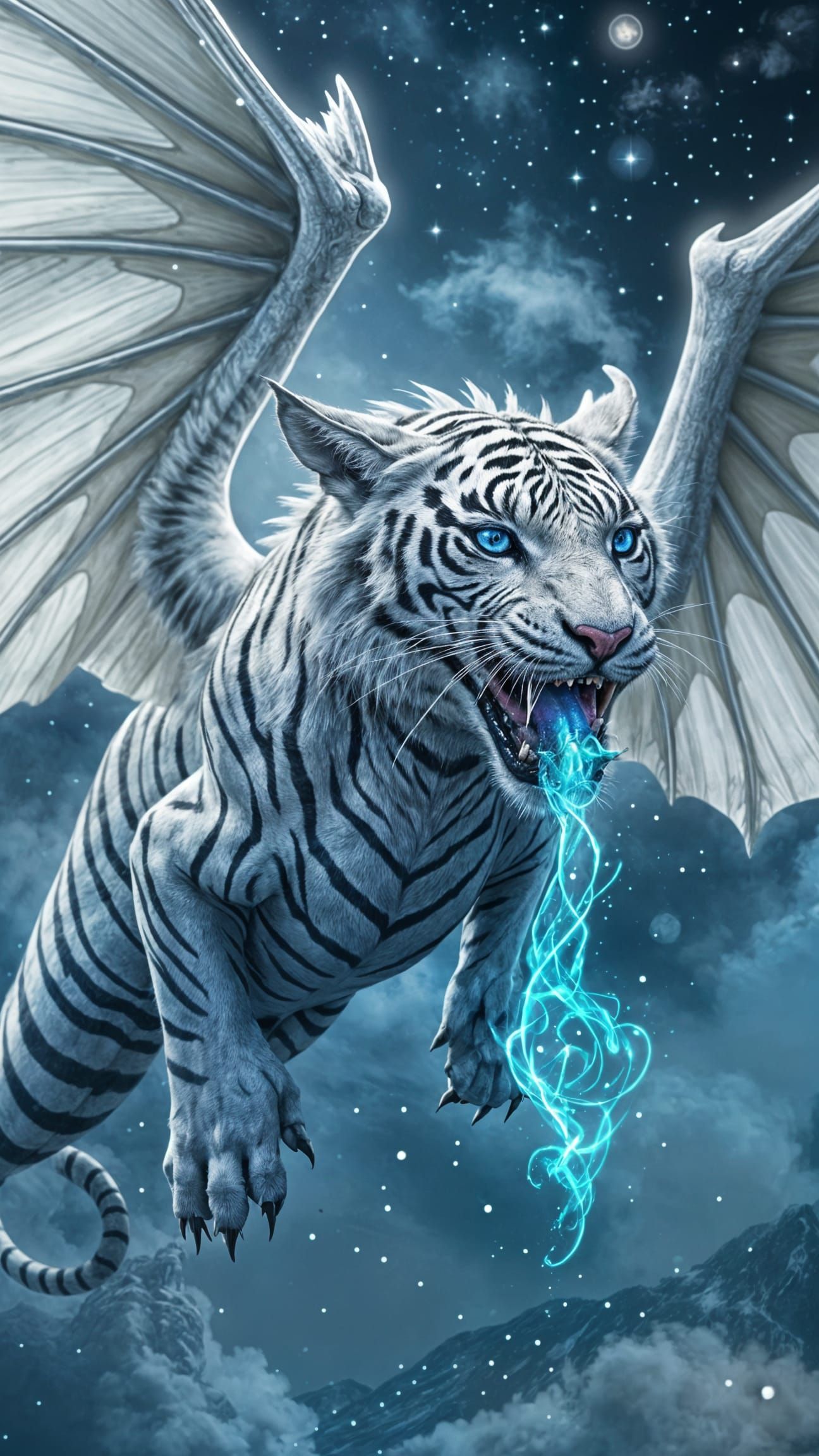 Dreamy White Tiger Dragon Soars in Fantasy Heaven