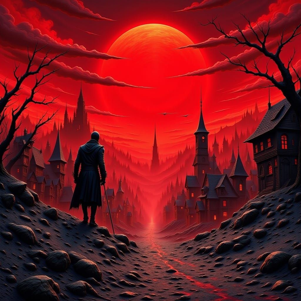 Mysterious Warrior in a Blood Red Landscape