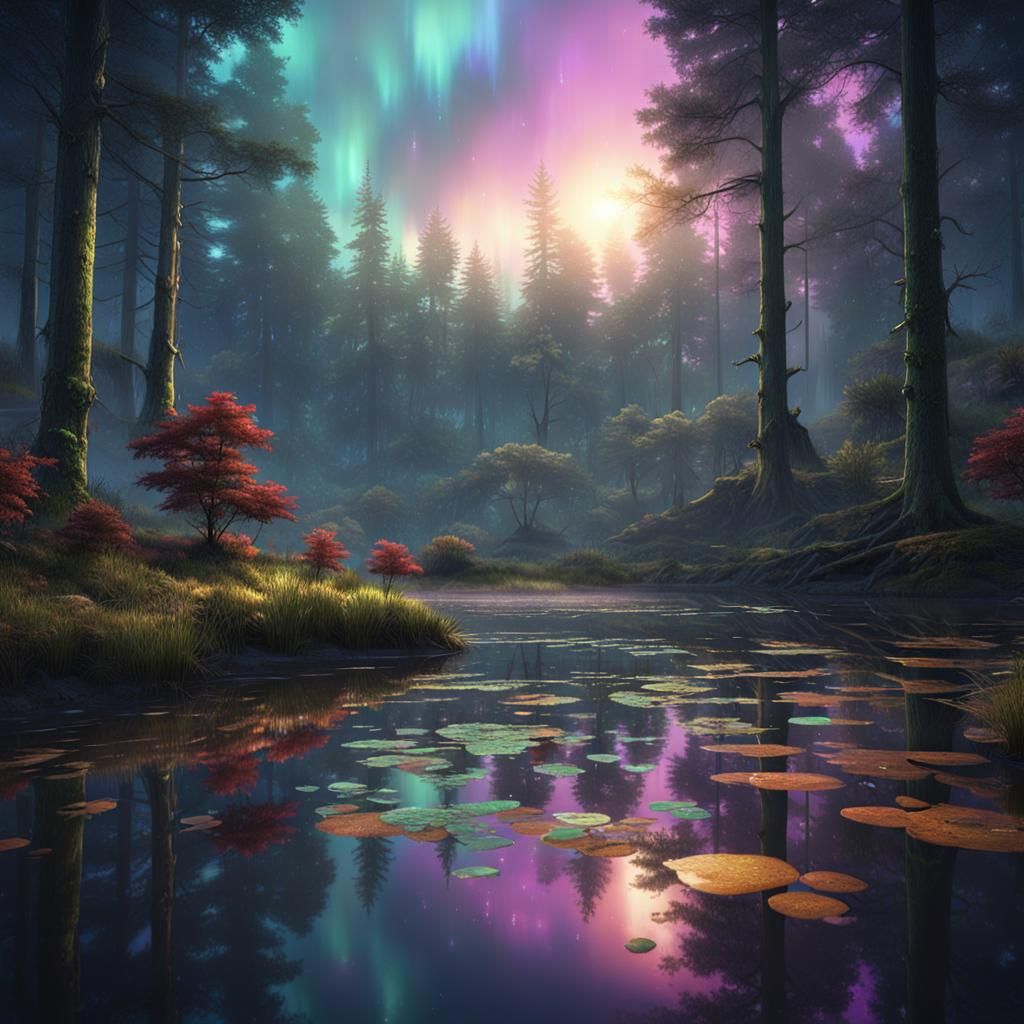 Iridescent Sky Reflected on Forest Pond