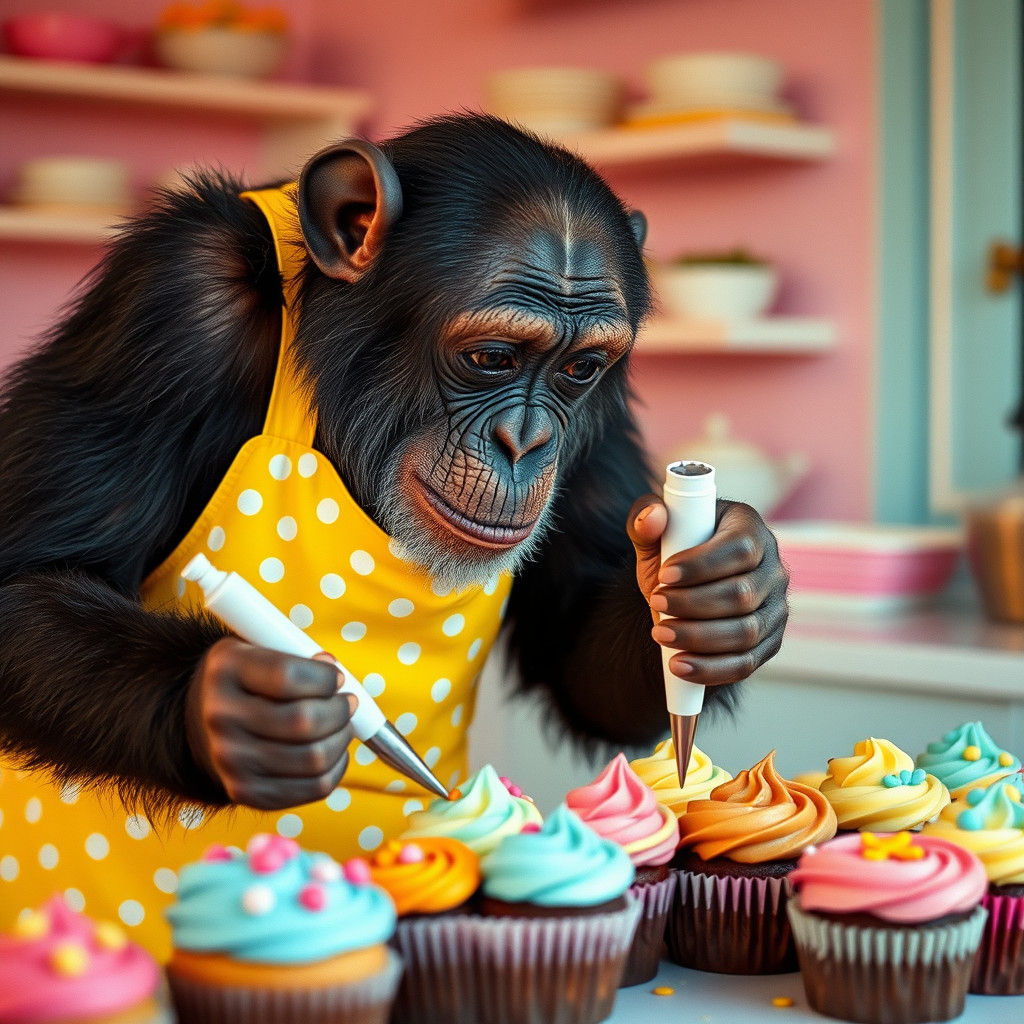 Chimpanzee Icing Cupcakes in a Pastel Bakery