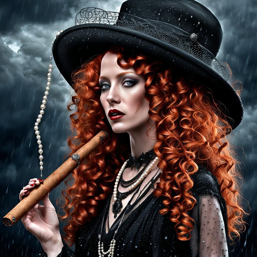 Gothic Lady with Red Hair in Rainstorm, Surreal Art