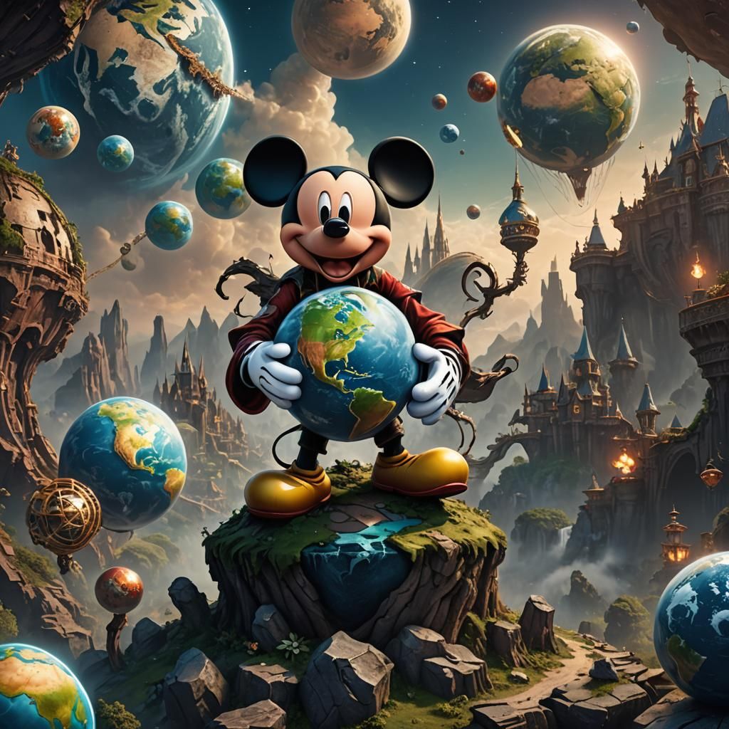 God-Sized Mickey Mouse Holds Earth: Detailed Digital Art