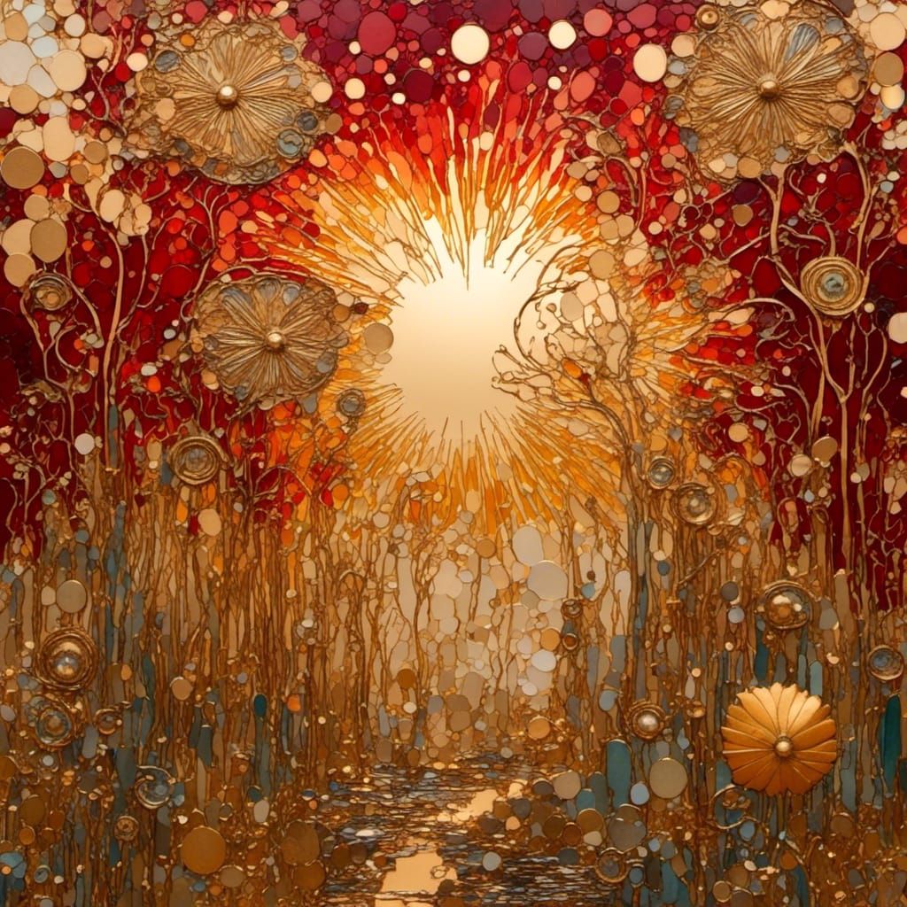 Art Nouveau Sun Rising with Golden Light
