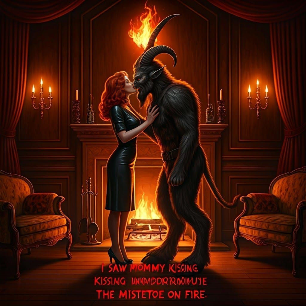 Red-Haired Woman in 1950s-Style Living Room Embracing Krampu...