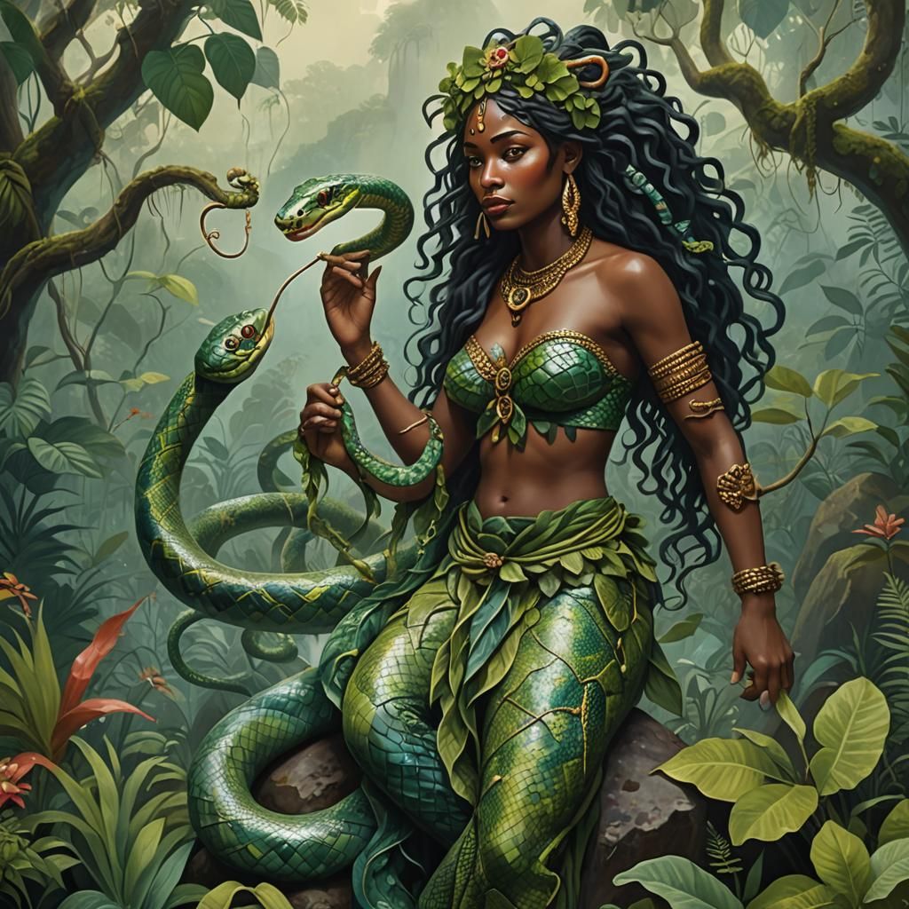 Serpentine Goddess Amidst Tropical Jungle in Earthy Tones