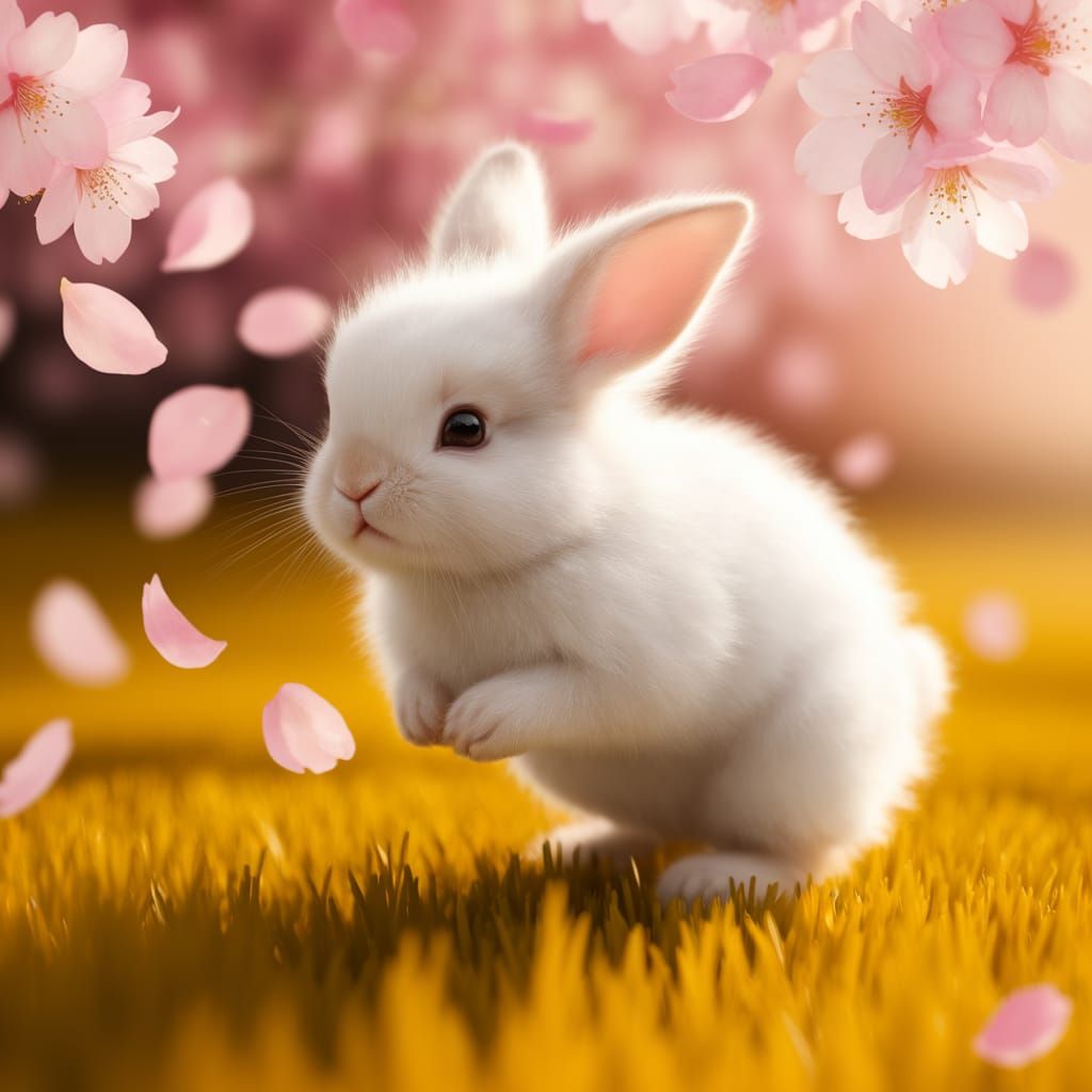 Fluffy Bunny Hops in Golden Grassland with Cherry Blossoms