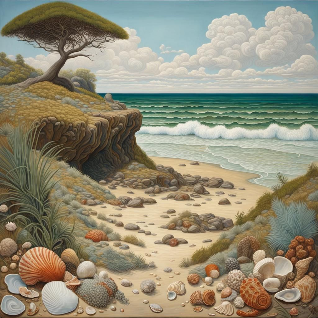 Detailed Beach Scene in Oil on Canvas