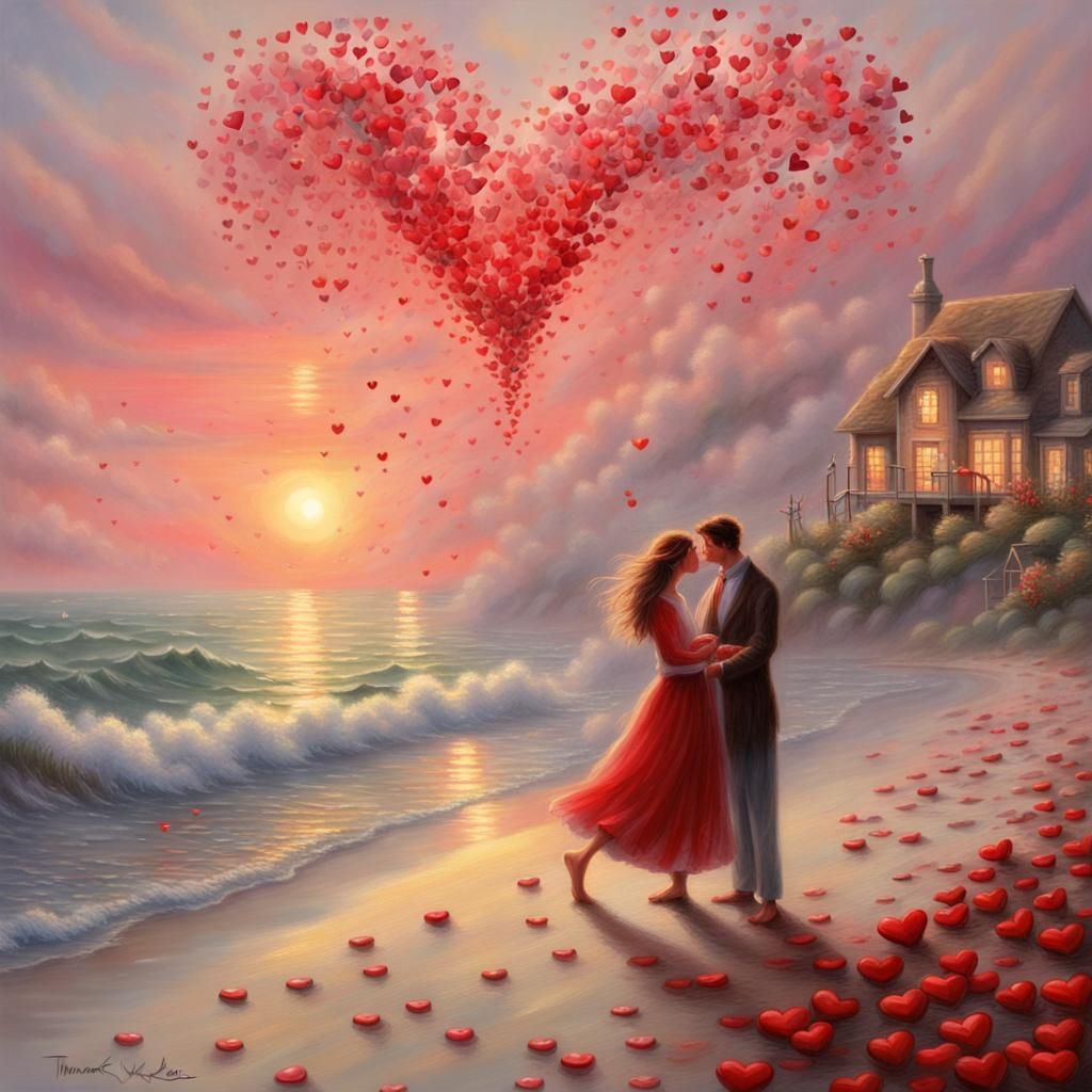 Romantic Valentine's Sunset on Beach in Fantasy Style