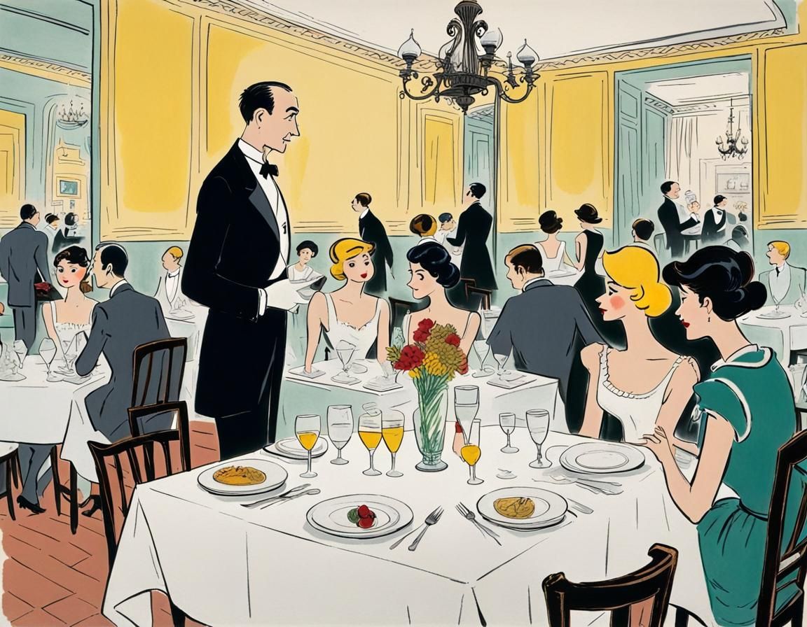 Parisian Restaurant Scene in Cartoon Style