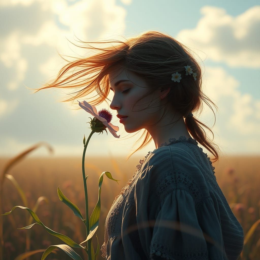 Cornflower Bending in Windy Field, Art Nouveau Illustration