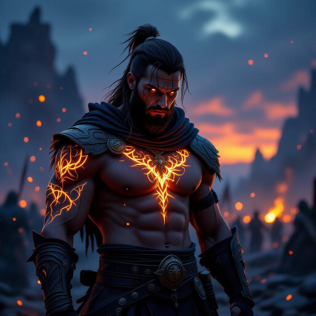 Mystical Mercenary with Glowing Runes on Battlefield