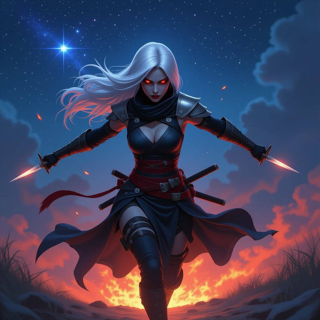 Silver Haired Drow Ninja Running at Night in Hyperrealistic ...