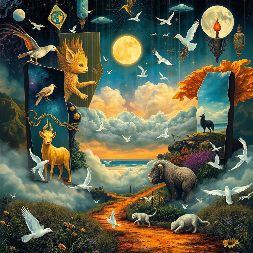 Surreal Dreamlike Collage with Mythical Creatures