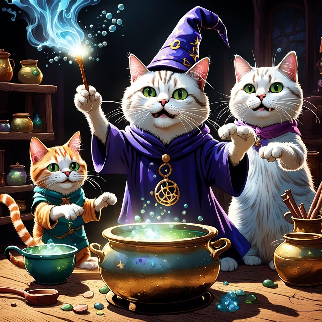 Whimsical Cats Brewing a Spell in Wizard Hats